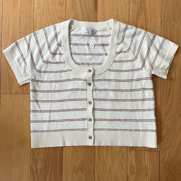 NWT Madewell Cream & Brown Linden Scoop Neck Cotton Cardigan - Medium - Picture 2 of 6
